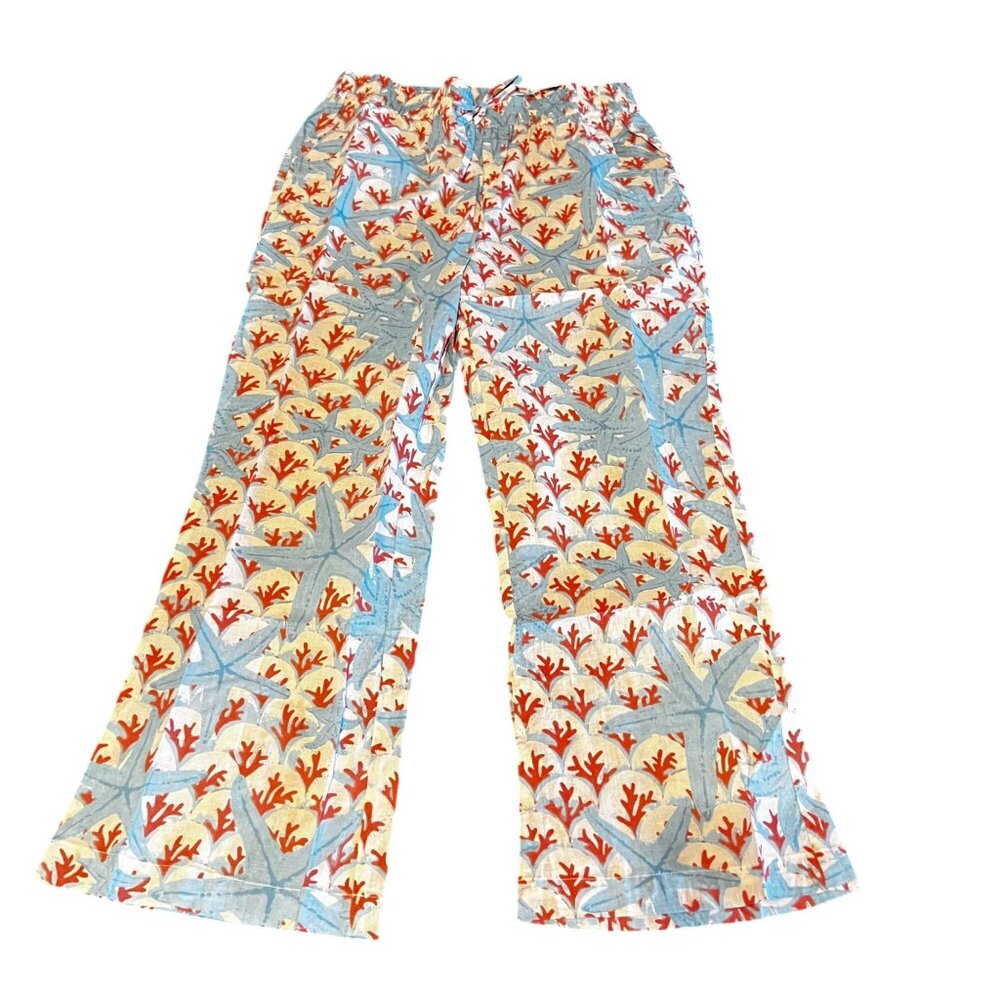 Modaposa‎ Womens Wide Leg Drawstring Coral Print Pants 100% Cotton Beachwear